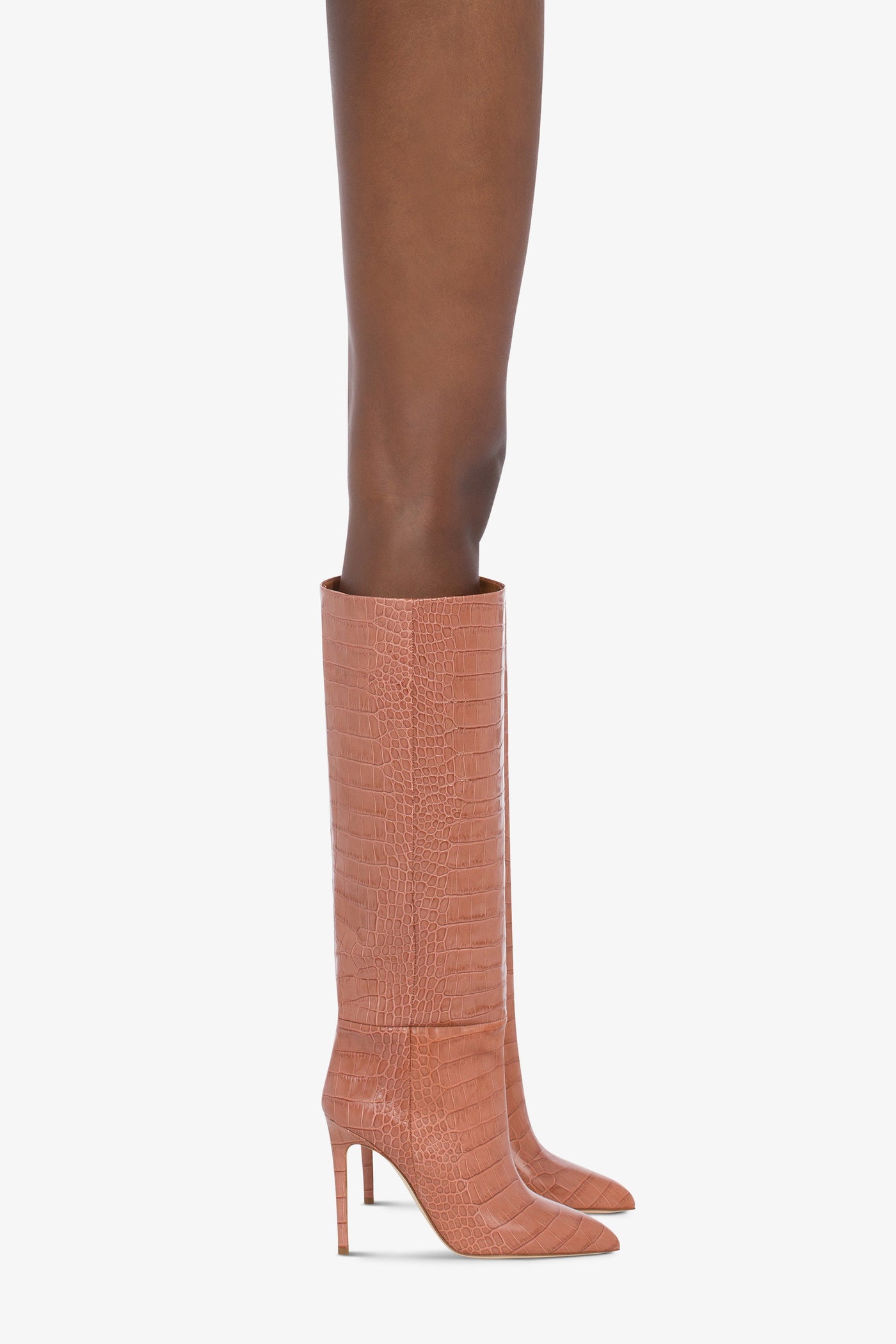 Pointed knee-high boots in Texas pink soft croco-embossed leather