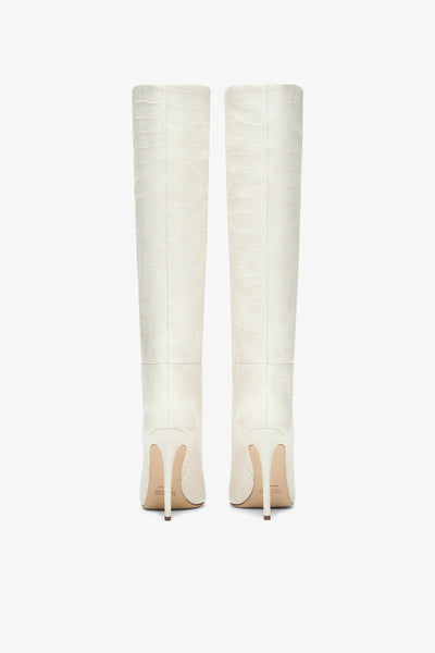 White croc-effect leather stiletto boots