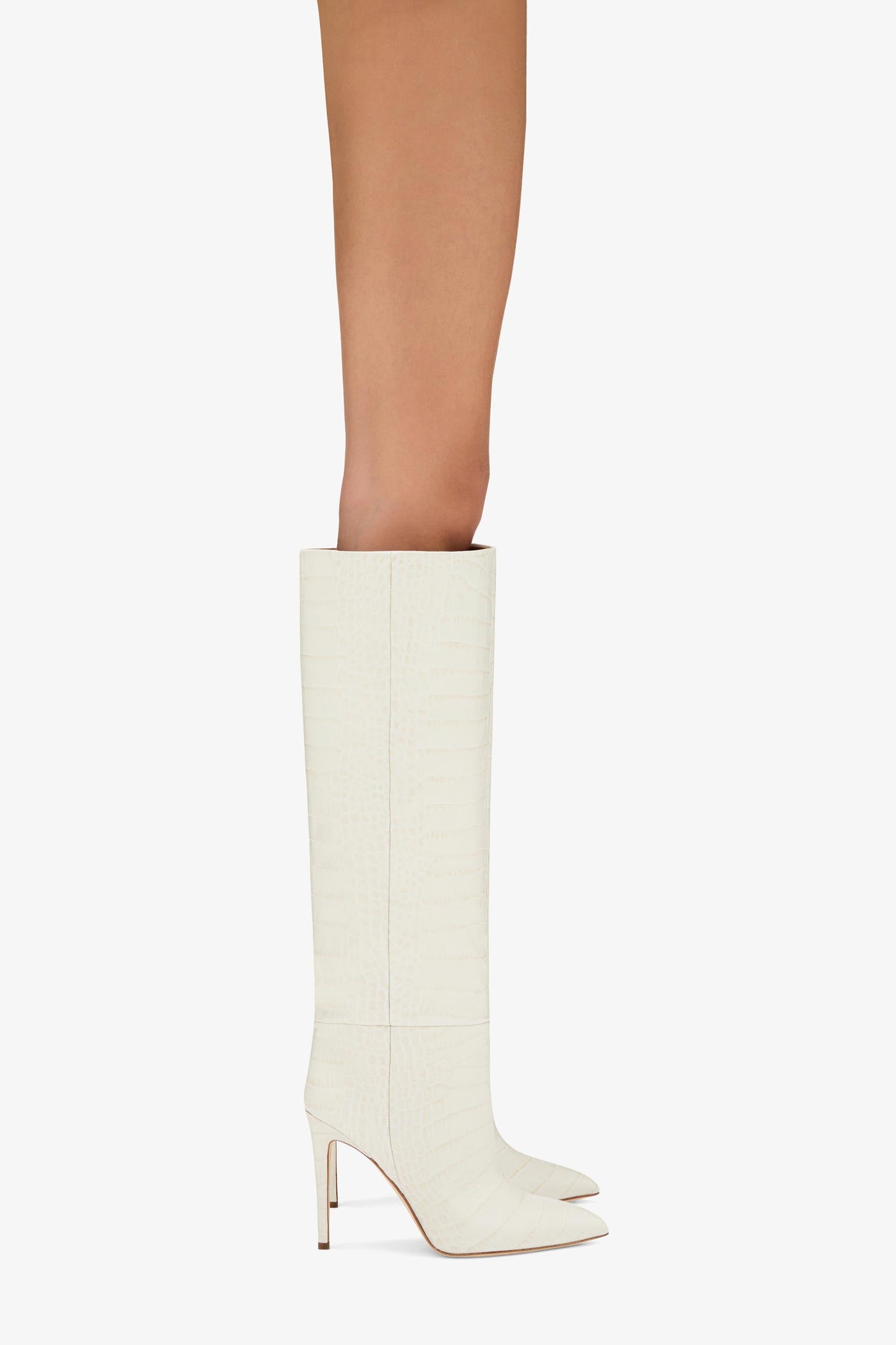 White croc-effect leather stiletto boots