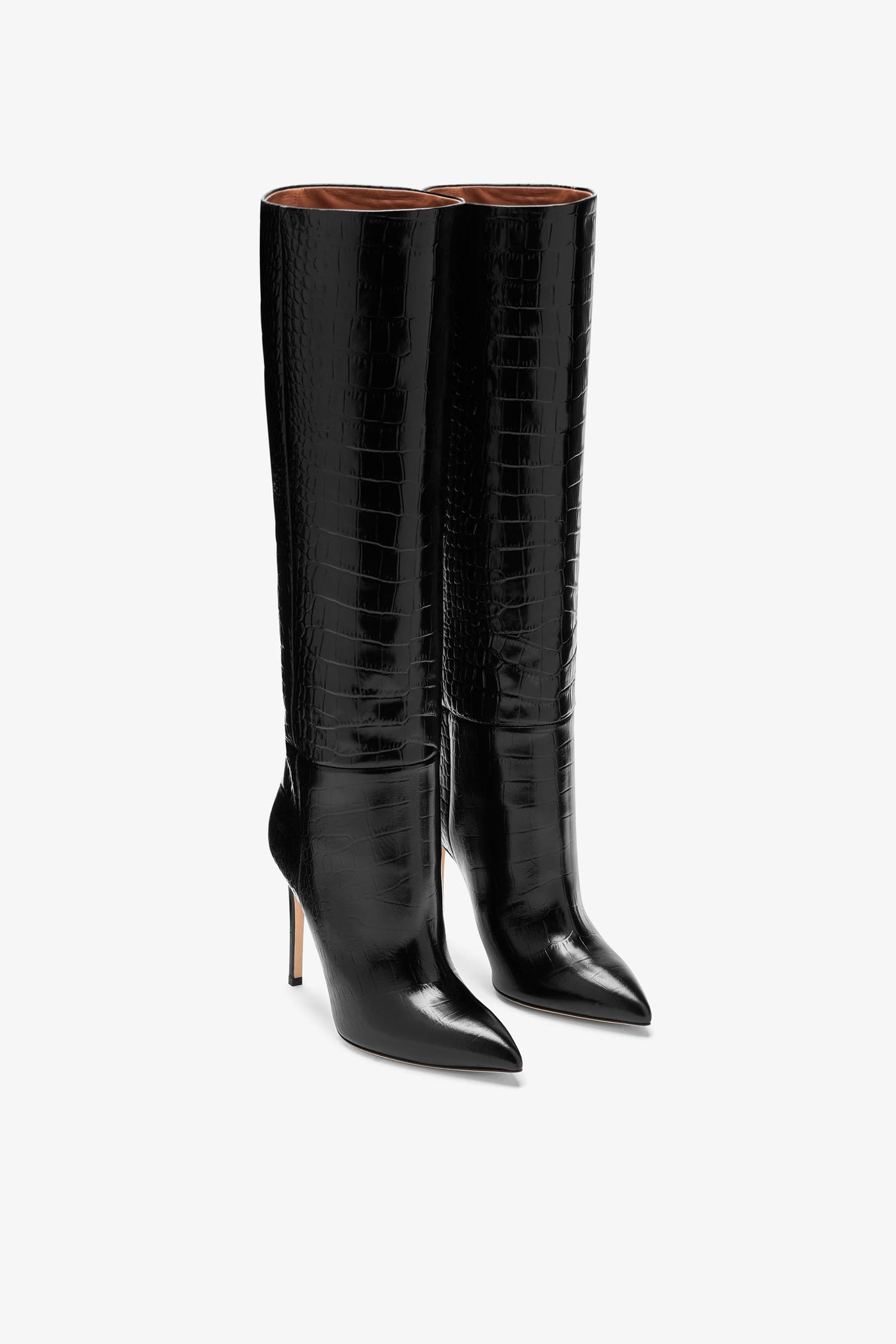 Black croc-effect leather stiletto boots