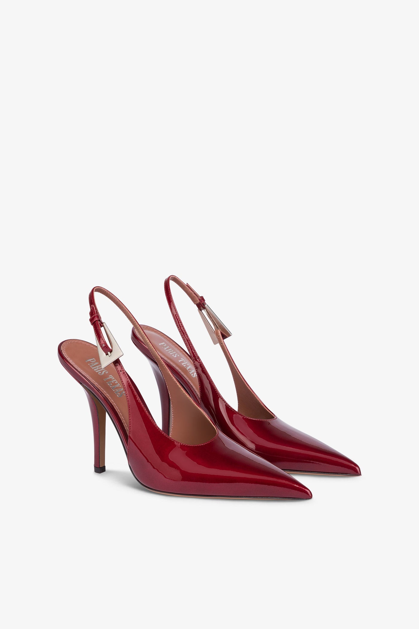 Sharp, pointed slingback pumps in patent pinot noir glossy leather