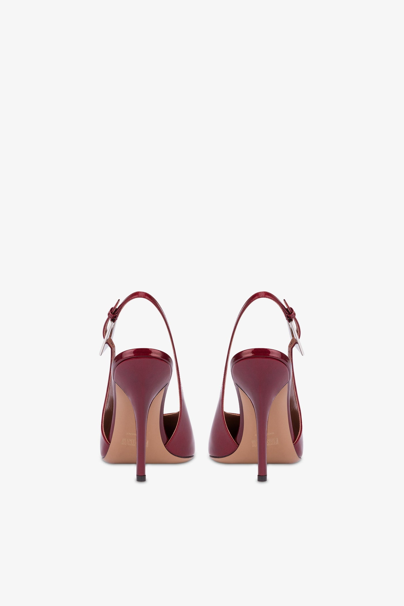 Sharp, pointed slingback pumps in patent pinot noir glossy leather