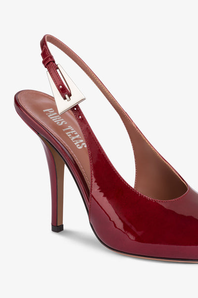 Sharp, pointed slingback pumps in patent pinot noir glossy leather