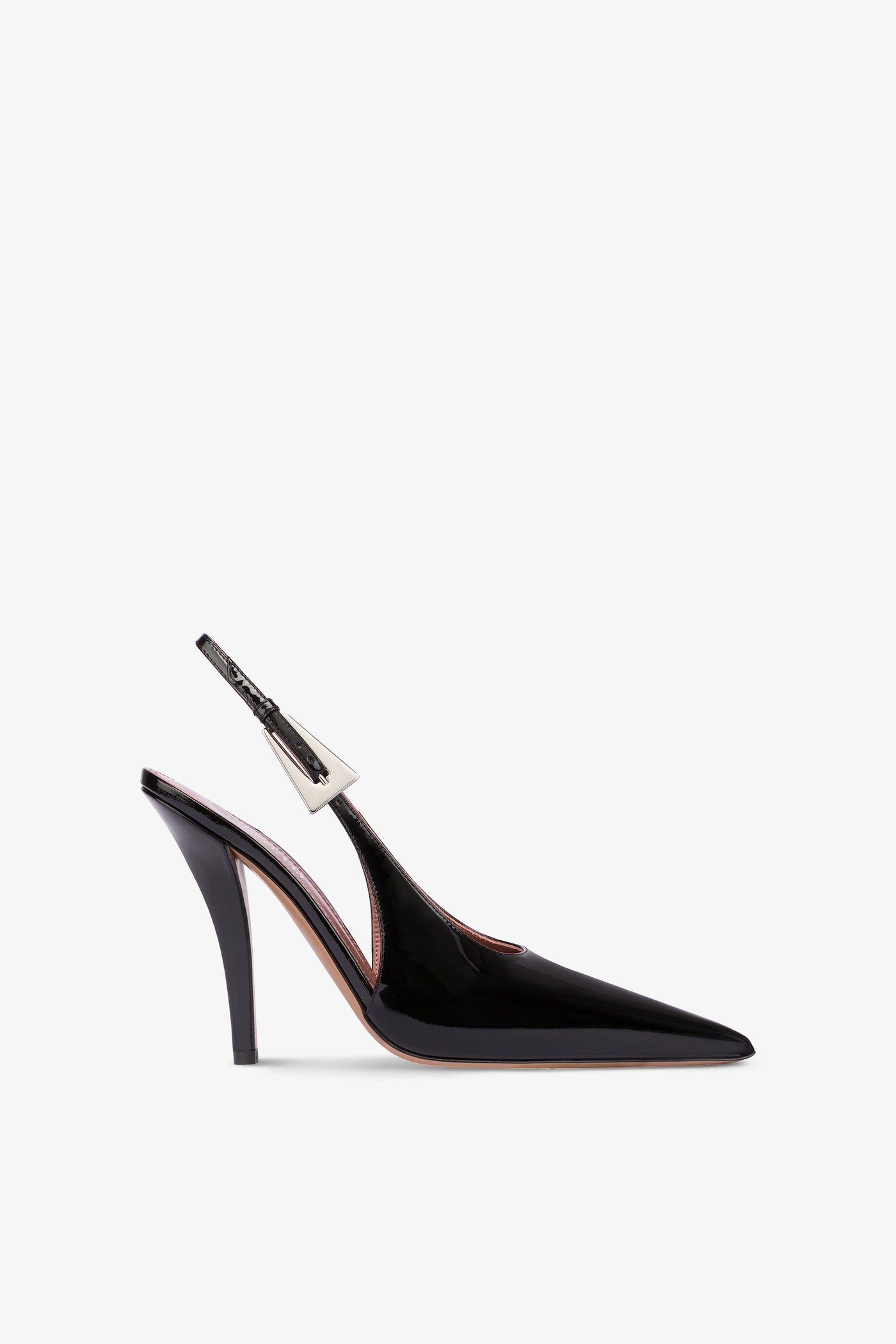 Sharp, pointed slingback pumps in patent black leather