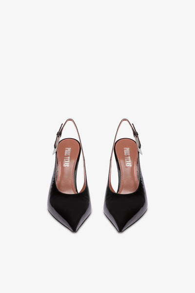 Sharp, pointed slingback pumps in patent black leather