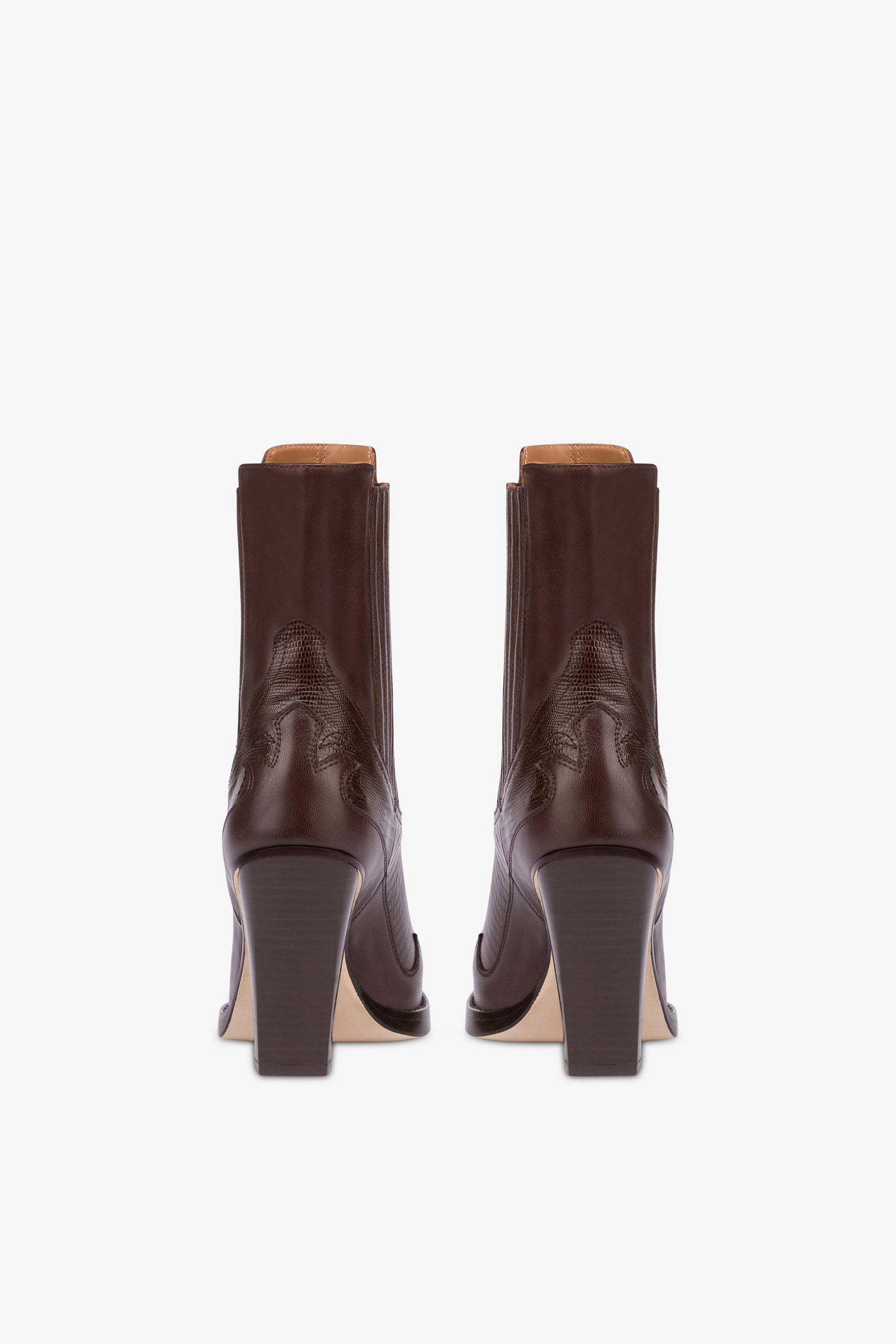 Pointed ankle boots in chocolate and mocha lizard-printed leather