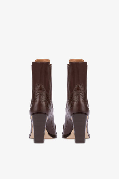 Pointed ankle boots in chocolate and mocha lizard-printed leather