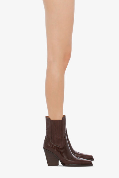 Pointed ankle boots in chocolate and mocha lizard-printed leather