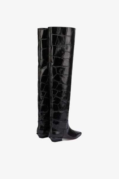 Over-the-knee boots in black croco-embossed leather