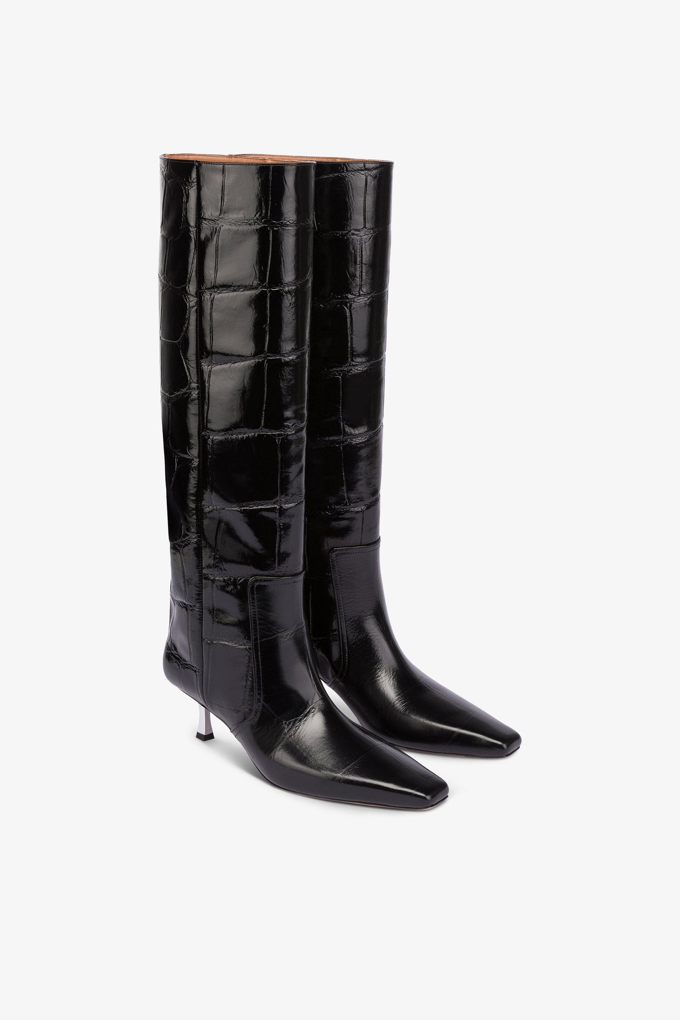 Knee-high boots in black croco-embossed leather