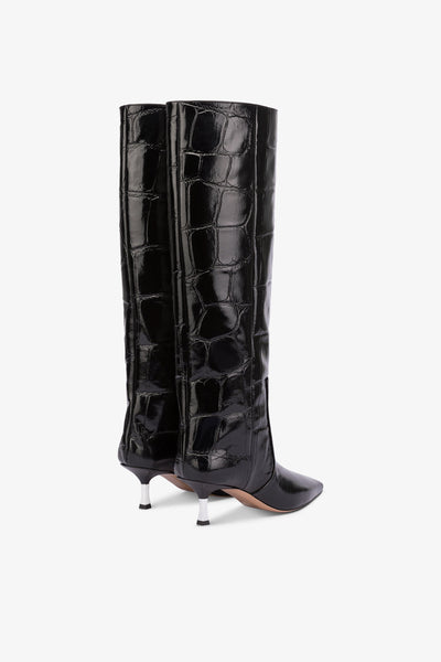 Knee-high boots in black croco-embossed leather