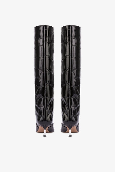 Knee-high boots in black croco-embossed leather