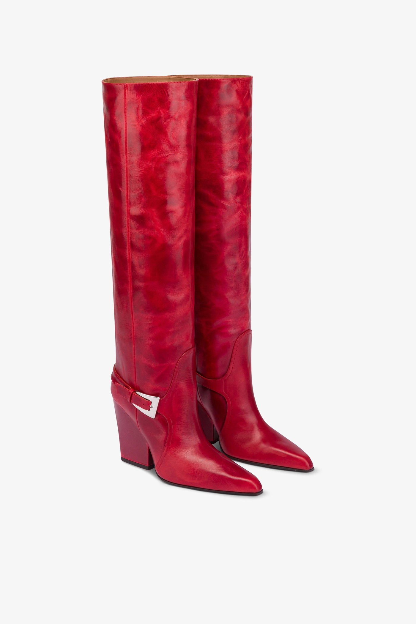 Tall, knee-high boots in shiny fiesta vintage leather