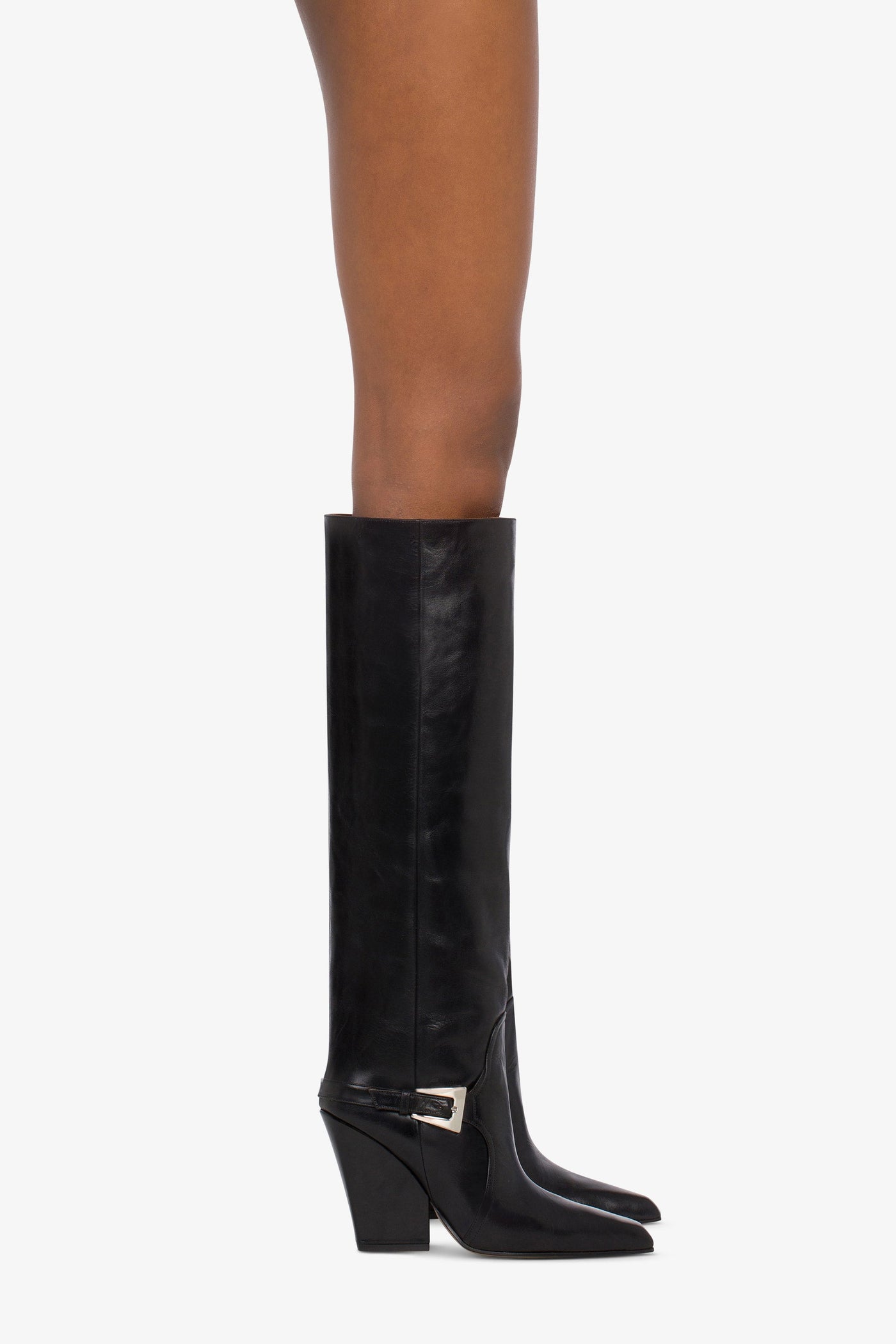 Tall, knee-high boots in shiny black vintage leather