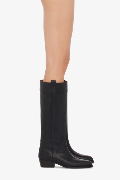 Calf-length boots in soft black pebble leather