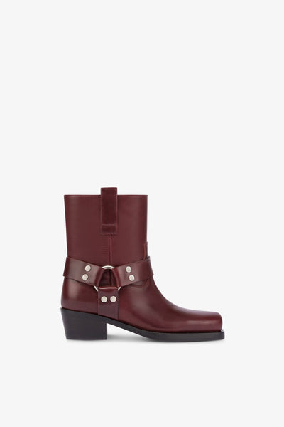 Square-toe ankle boots in soft plum leather