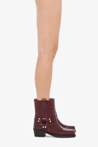 Square-toe ankle boots in soft plum leather