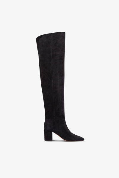 Over-the-knee, long, pointed boots in off-black suede leather