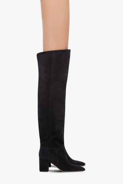 Over-the-knee, long, pointed boots in off-black suede leather