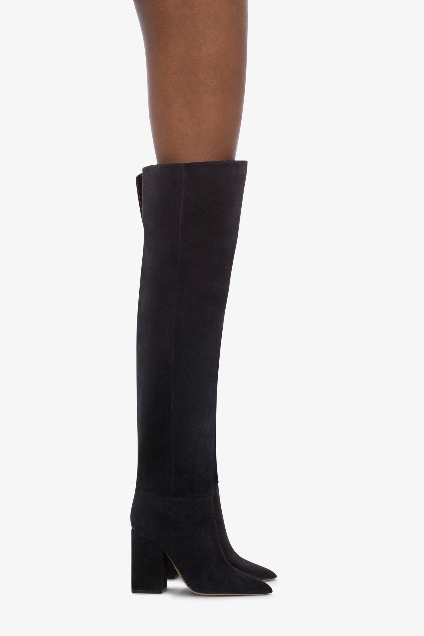 Over-the-knee, long pointed boots in soft off-black suede leather