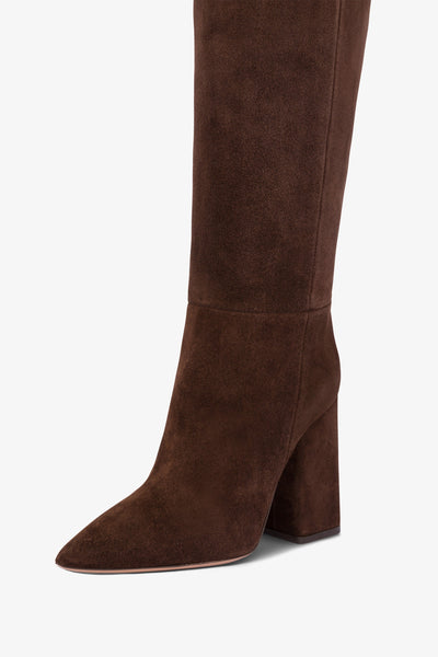 Over-the-knee, long pointed boots in soft pepper suede leather