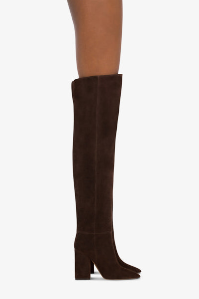 Over-the-knee, long pointed boots in soft pepper suede leather