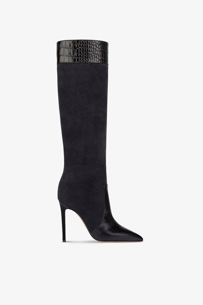 Pointed boots in black and off-black suede and soft croco-embossed leather