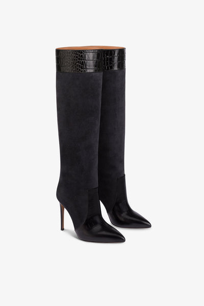 Pointed boots in black and off-black suede and soft croco-embossed leather