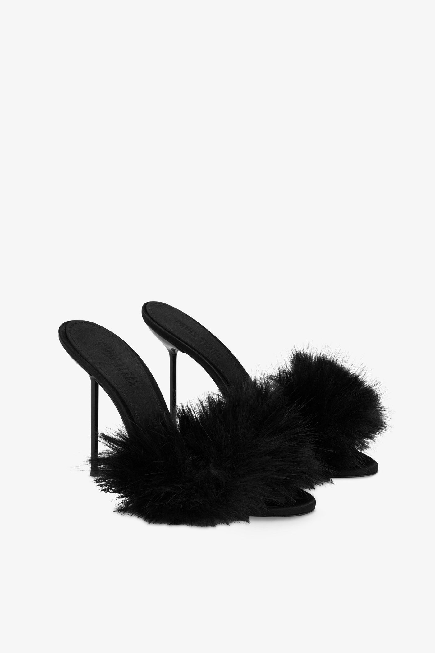 Mules in black satin and faux fur