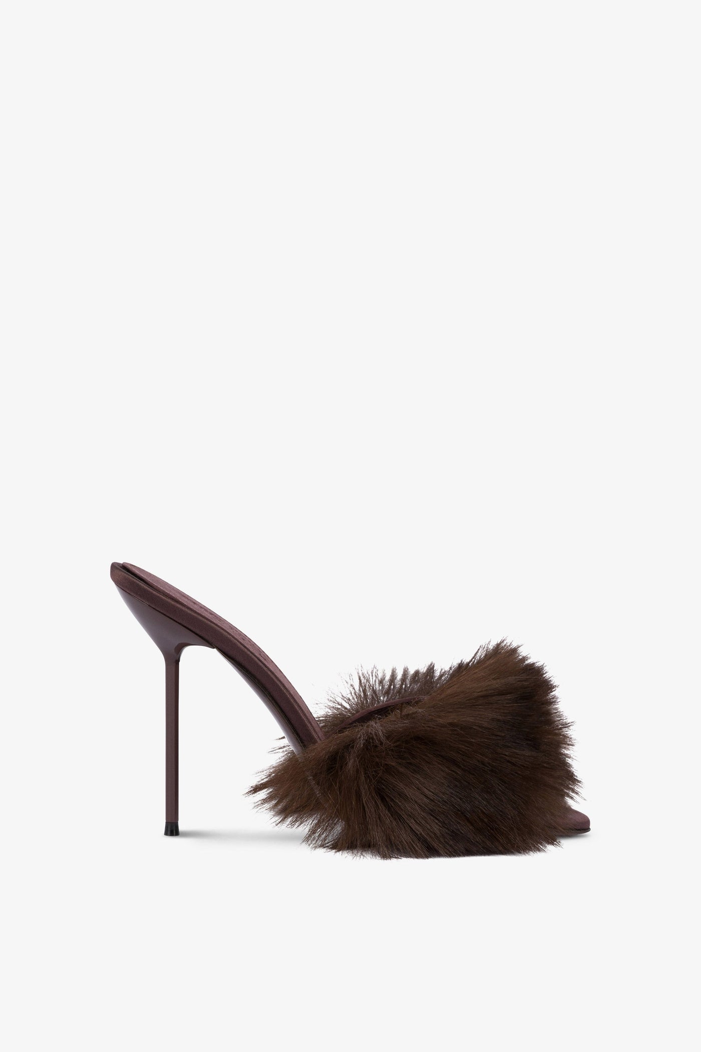 Mules in brown satin and faux fur