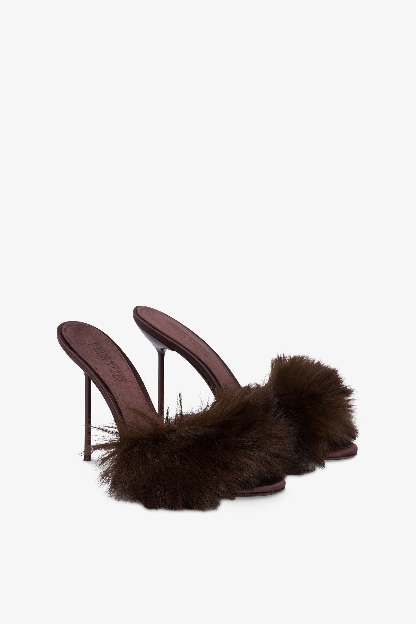 Mules in brown satin and faux fur