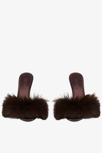 Mules in brown satin and faux fur