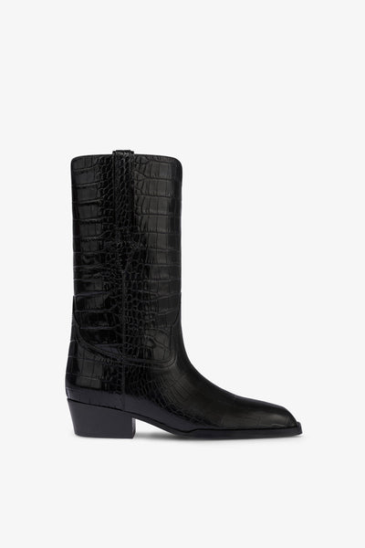 Boots in black croco-embossed leather