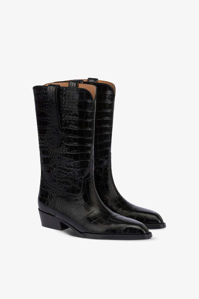 Boots in black croco-embossed leather