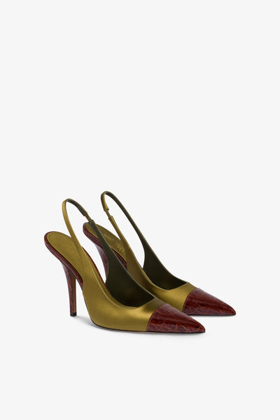 Slingbacks in oil-colored satin and chocolate croco-embossed leather