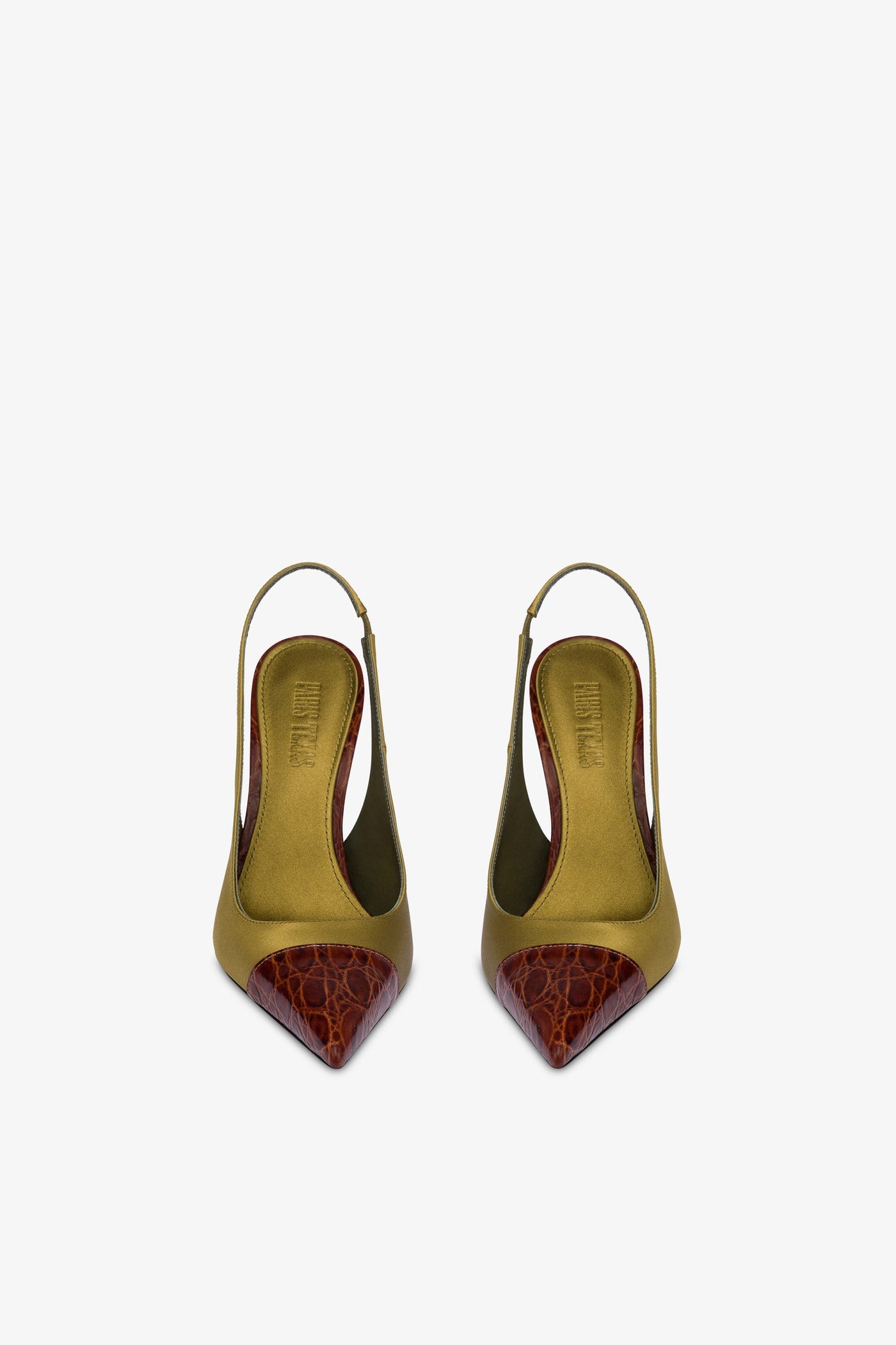 Slingbacks in oil-colored satin and chocolate croco-embossed leather