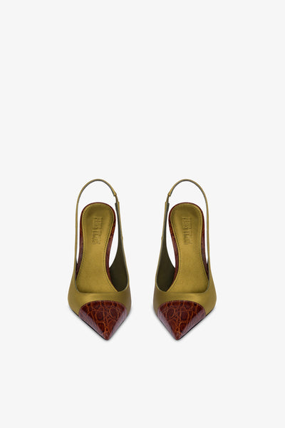 Slingbacks in oil-colored satin and chocolate croco-embossed leather