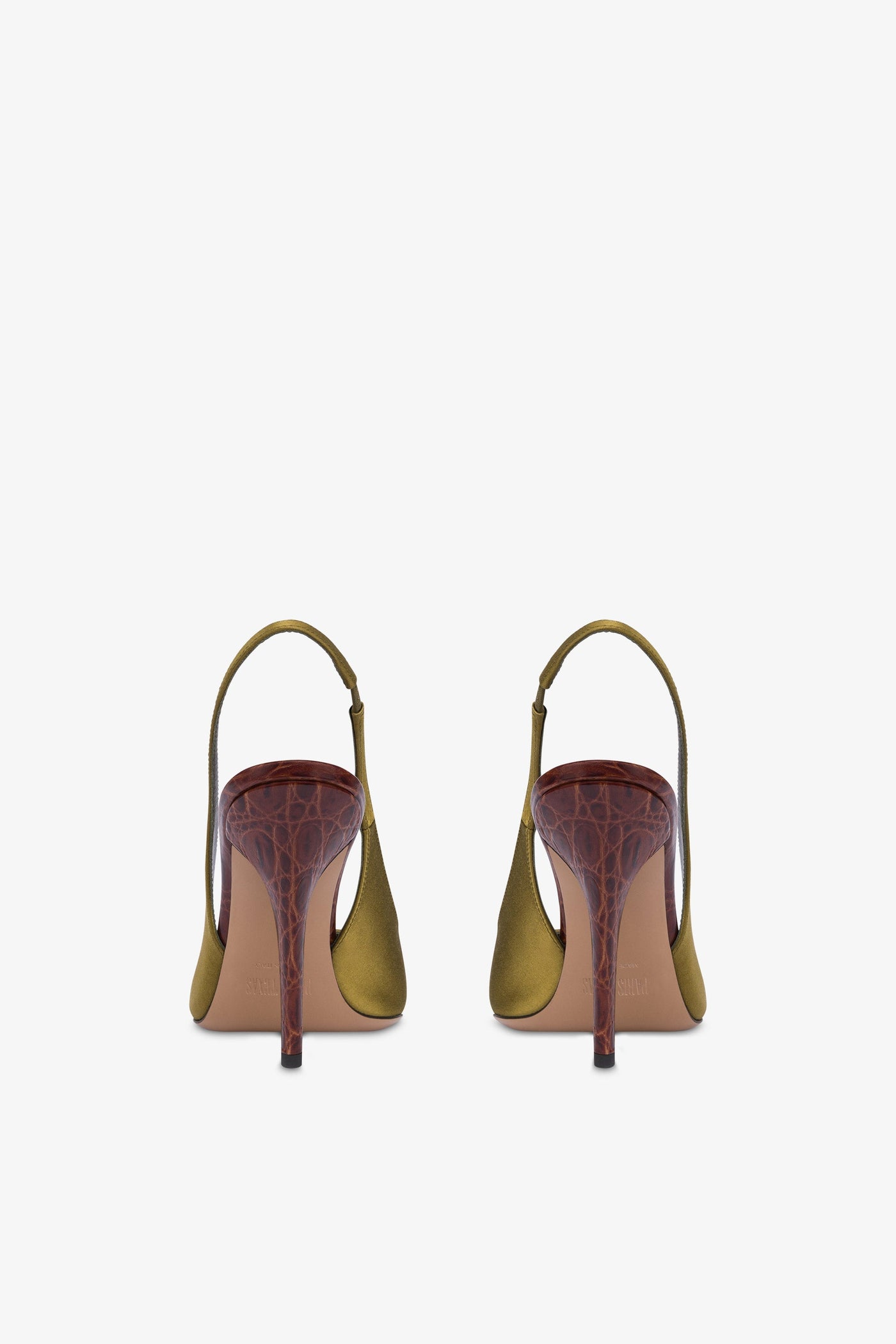 Slingbacks in oil-colored satin and chocolate croco-embossed leather