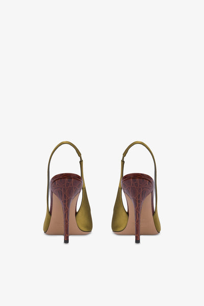 Slingbacks in oil-colored satin and chocolate croco-embossed leather