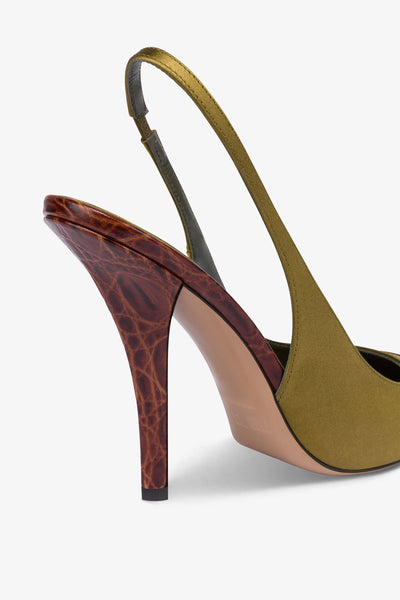 Slingbacks in oil-colored satin and chocolate croco-embossed leather