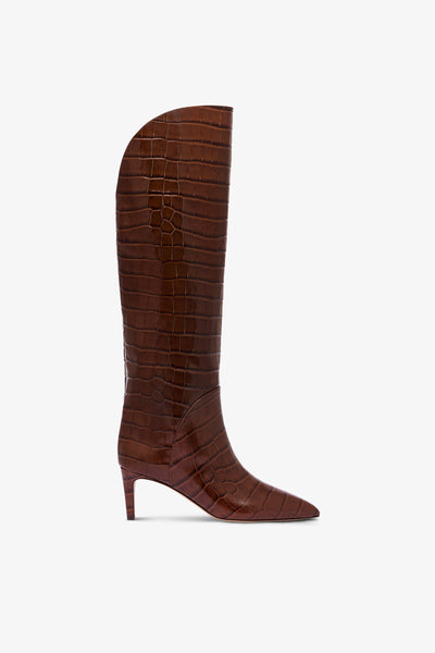 Boots in chocolate croco-embossed leather