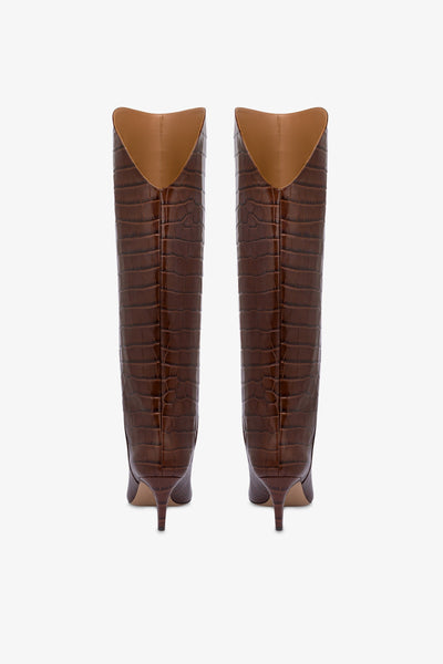 Boots in chocolate croco-embossed leather