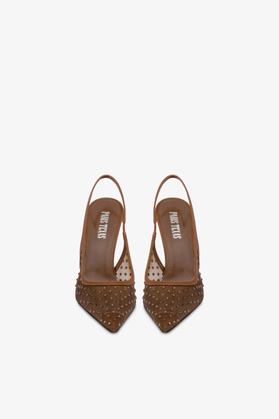 Slingbacks in brown and crystal mesh