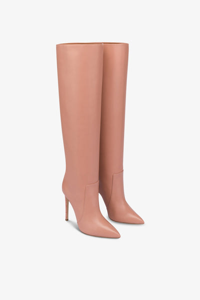 Pointed knee-high boots in smooth Texas pink leather