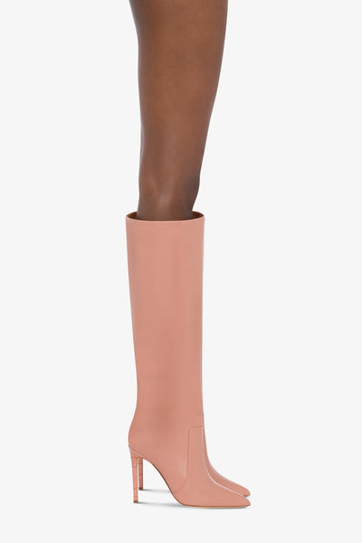 Pointed knee-high boots in smooth Texas pink leather