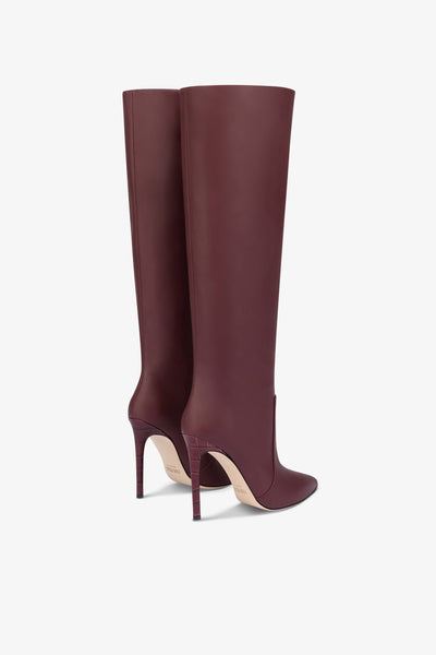 Pointed knee-high boots in smooth burgundy leather