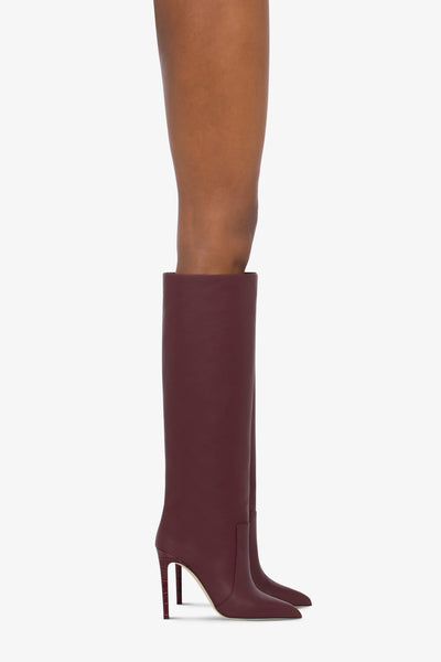 Pointed knee-high boots in smooth burgundy leather