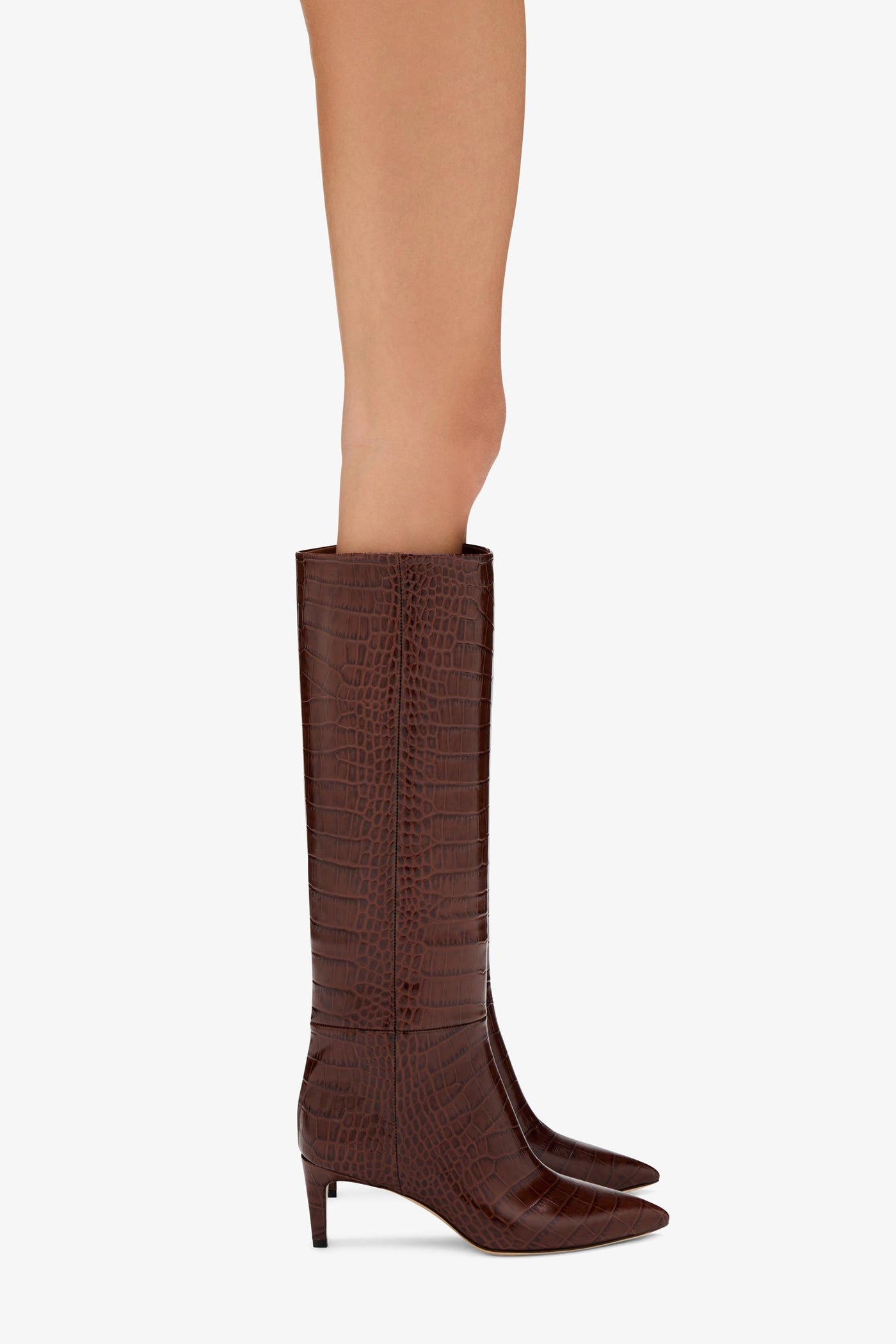 Chocolate brown croc-effect leather heel 60 boots