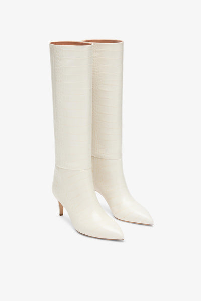 White croc-effect leather heel 60 boots