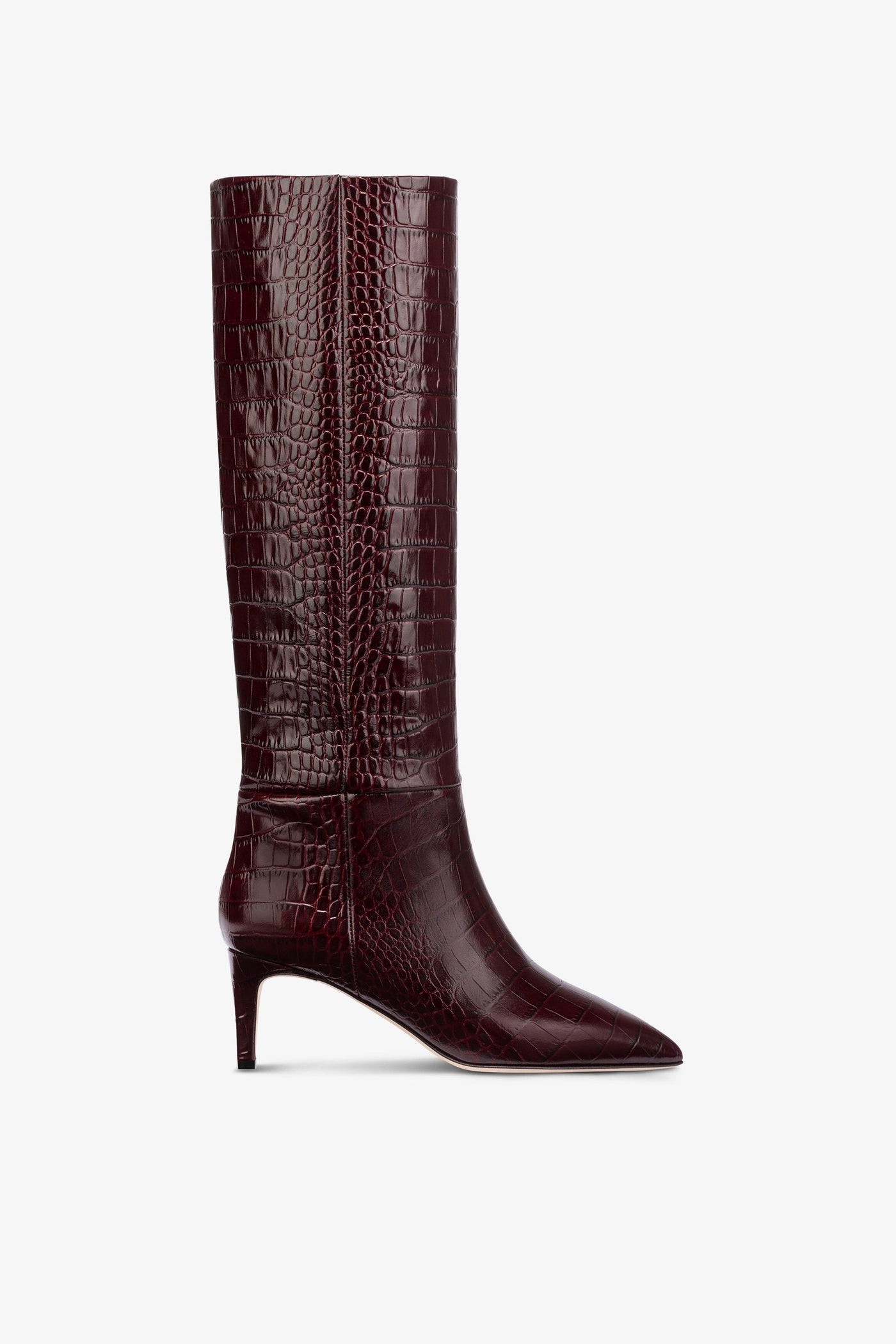 Pointed knee-high boots in rouge noir soft croco-embossed leather